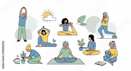 People doing various yoga poses outside.