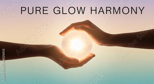 Hands holding luminous glowing sphere against peaceful gradient background