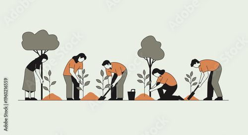 People gardening and planting trees outside.