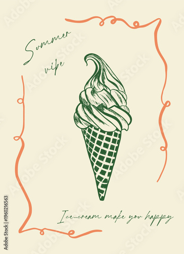 Coastal Italy ice-cream, cherry and bow print set. La Dolce Vita illustrations in a poster frame. Sketch style food doodles. Art for greeting cards, wedding invitations, postcard. bon appetit