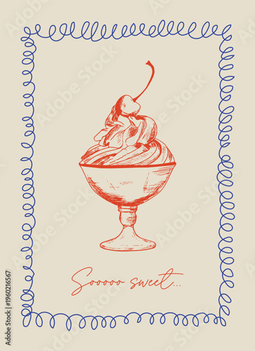 Coastal Italy ice-cream, cherry and bow print set. La Dolce Vita illustrations in a poster frame. Sketch style food doodles. Art for greeting cards, wedding invitations, postcard. bon appetit