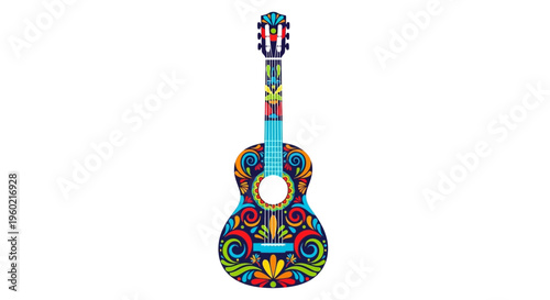 Colorful decorated guitar with floral patterns.