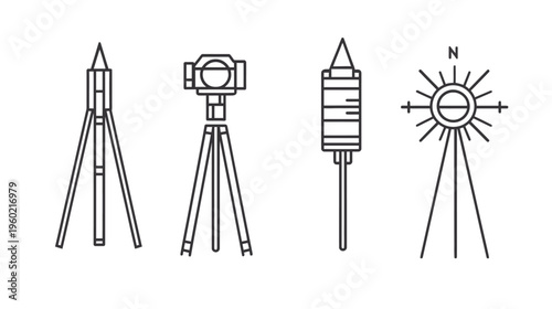 Linear illustrations of various surveying instruments theodolites, tripods, leveling rods, and compasses
