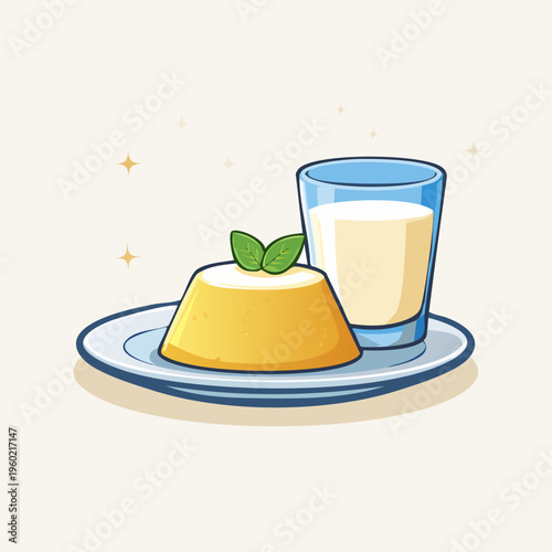 Delicious dessert pudding with a glass of milk on a plate.