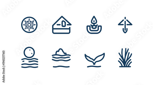Eight simple, navy blue outline icons depicting a compass, house, candle, arrow, waves, iceberg, whale tail, and grass