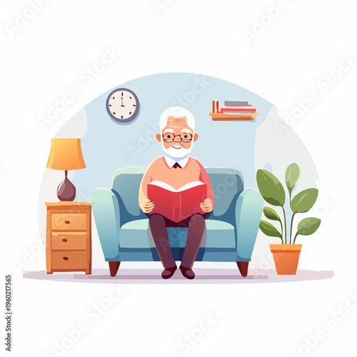 Elderly Man Reading a Book in His Living Room.
