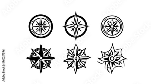 Six stylized compass rose designs in black on white background, diverse variations, minimalistic