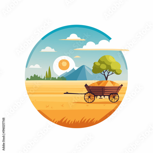 Rural Landscape with Hay Cart and Tree in a Circular Frame.