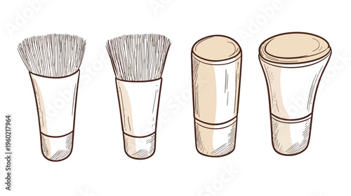 Hand-drawn illustrations of makeup brushes and containers, featuring various shapes and styles