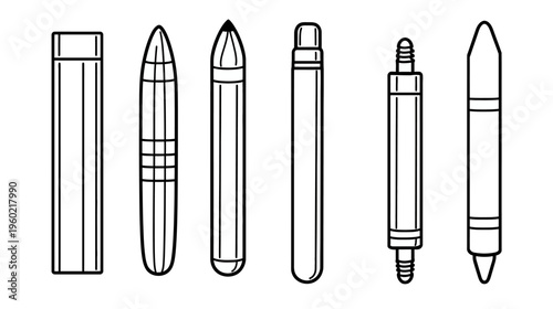 Black and white illustration of six cylindrical objects with varying shapes and designs