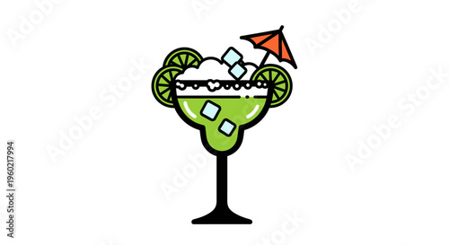 Green cocktail with lime and ice.