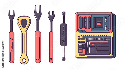 Colorful vector illustration featuring a computer case and various hand tools, with distinct color palettes