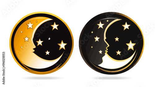 Two circular designs crescent moons with faces, surrounded by stars, in golden and black hues