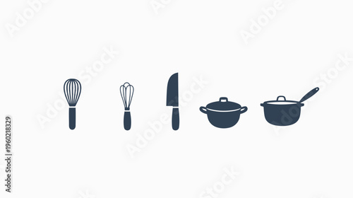 A white background with isolated dark blue icons of kitchen utensils