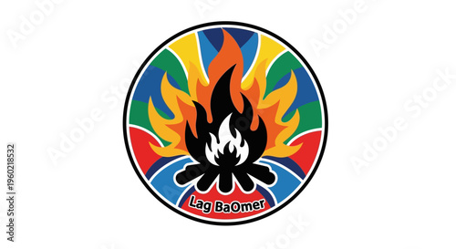 Colorful flame logo on circle.
