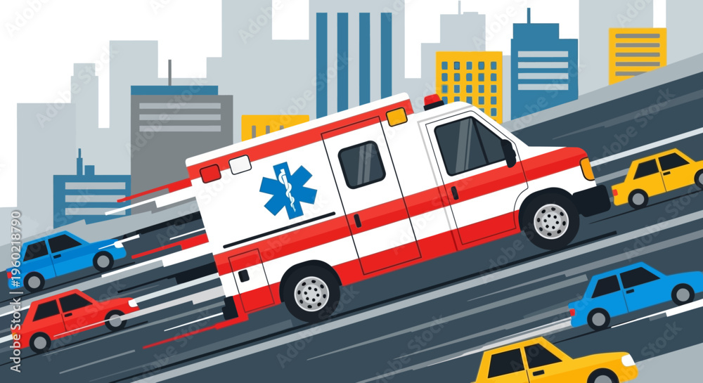 Fototapeta premium Ambulance speeding on urban street with city buildings