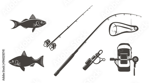 Black and white illustration with fish, rods, and reels, depicting fishing elements