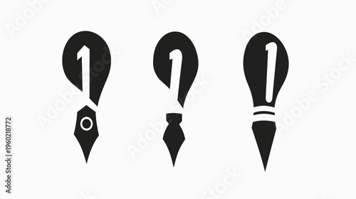 Three minimalist designs featuring a bulb shape integrated with a number one, styled as pens