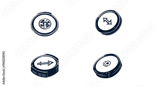 Four stylized illustrations of robotic devices, each with a unique internal graphic, isolated on white