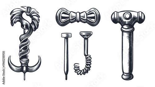 A hand-drawn collection of hardware items, including a hammer, bow tie, nails, and an ornate hook