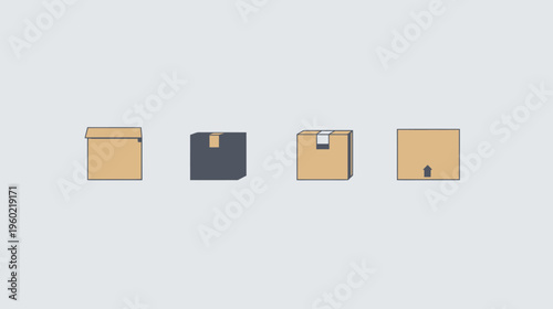A set of four stylized cardboard boxes, each with unique variations on a neutral gray background