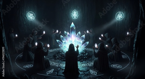 Hooded figures hold glowing crystals in dark ritual chamber.