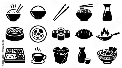 Black and white japanese food icons on white background