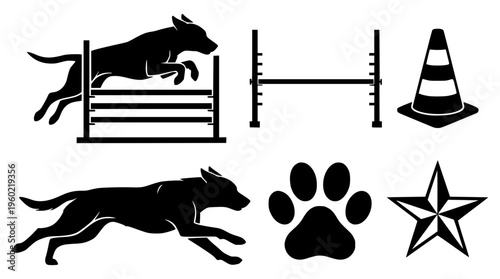 Dog jumping hurdles with paw print and star graphic design