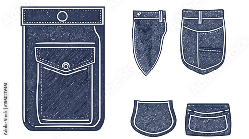 Various digitally drawn denim jean pockets in shades of blue with white outlines on a white background