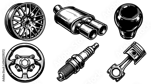 Car parts illustration including wheel and engine components design