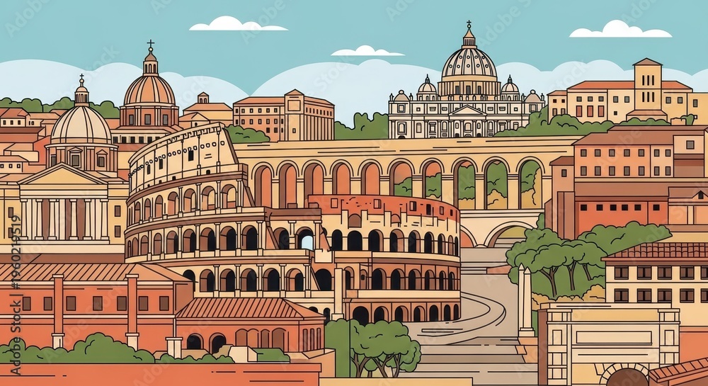 Obraz premium Romes Iconic Landmarks - A Vibrant Cityscape Illustration.