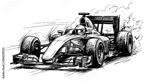 Racing car speeding down the track with smoke