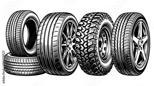 Various types of car tires with different tread patterns