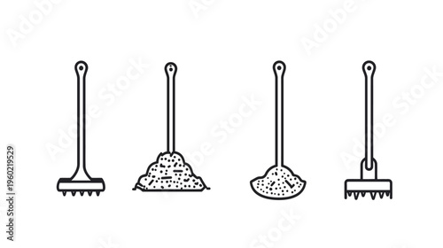 Four black and white illustrations of gardening tools with a rake/hoe and pile of dirt on white