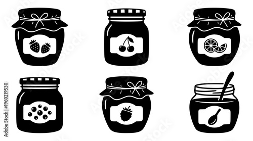 Set of six black jars with various fruit jam labels