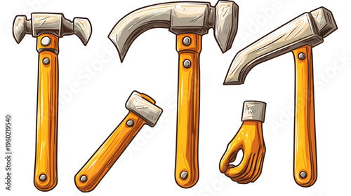 A cartoon illustration featuring various hammer types, a hand and mallet in a bold illustrative style