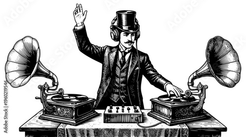 Vintage gentleman dj mixing music with gramophones and headphones