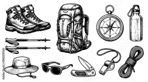 Hiking and camping gear illustration for outdoor adventures