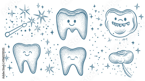 Illustration of teeth characters, a dental tool and stars on a white background