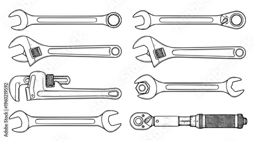 Set of adjustable and fixed wrenches in vector illustration