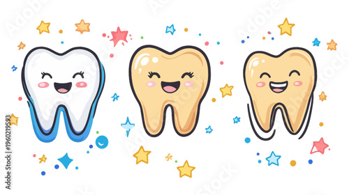 Whimsical illustration of three smiling teeth with cartoonish sparkle elements