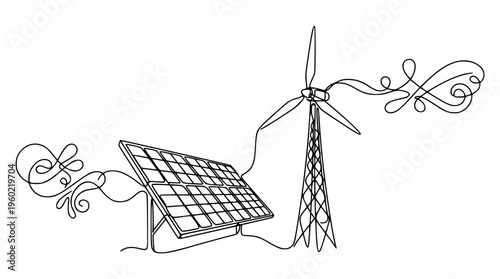 Renewable energy sources vector illustration with solar panel and turbine
