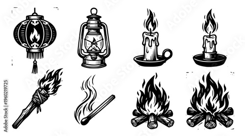 Vector graphics of various fire and light sources illustration