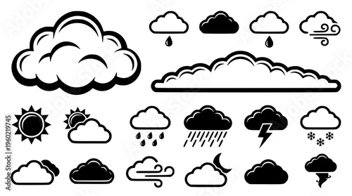 Weather icons featuring various cloud and sun symbols design