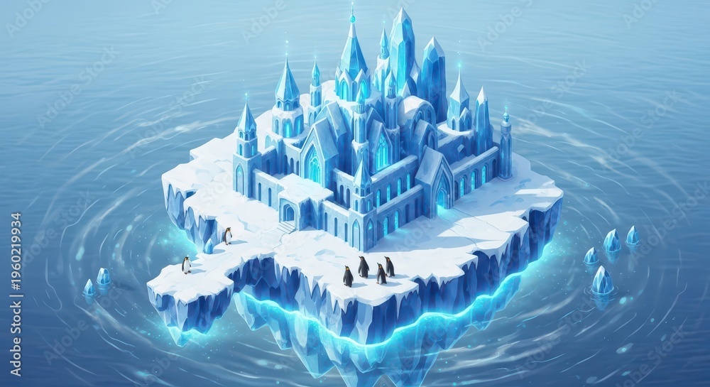 Fototapeta premium Fantastical palace constructed from glowing ice crystals rests upon a floating iceberg surrounded by swirling water.