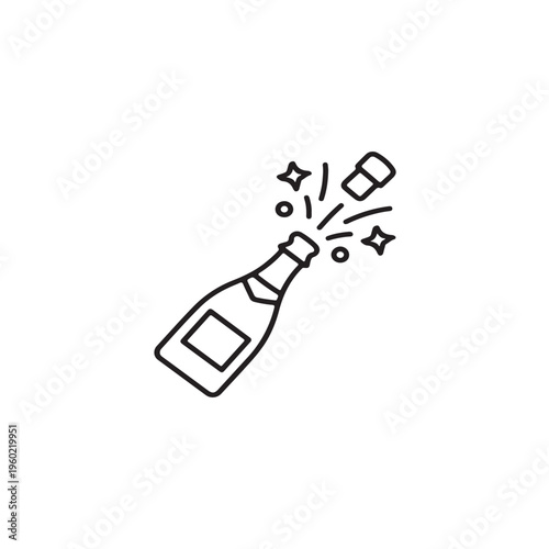 A black and white line art illustration of a champagne bottle popping open for a celebration event Vector