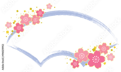 さわやかな青の筆ラインの扇型と桜をちりばめた春の素材 透過フレーム