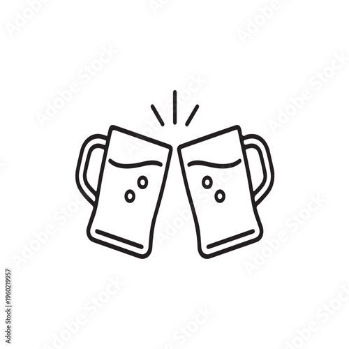 A minimalist black and white line art illustration of two beer mugs clinking together for a toast Vector