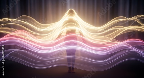 Human silhouette immersed in vibrant flowing light energy waves