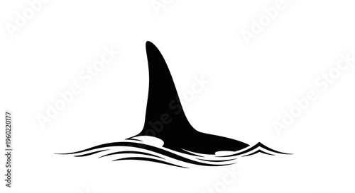 Black minimalist orca killer whale fin above ocean waves